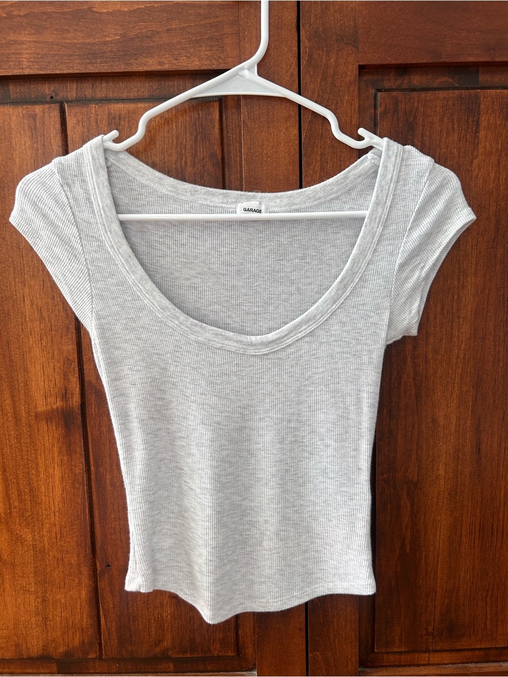 Garage Light Gray Ribbed Scoop Neck Short Sleeve Top